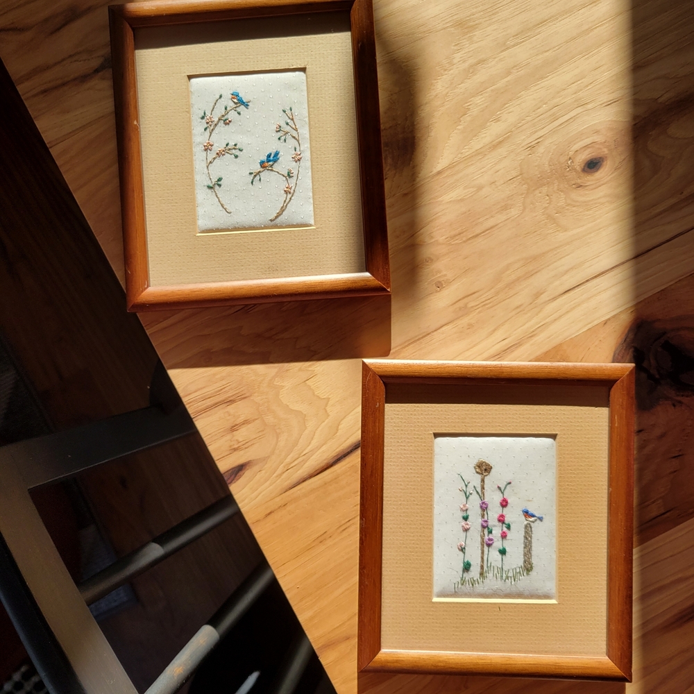 Hand Embroidered Vintage Blue Bird Wall Art - Set of 2 - Picture 9 of 11